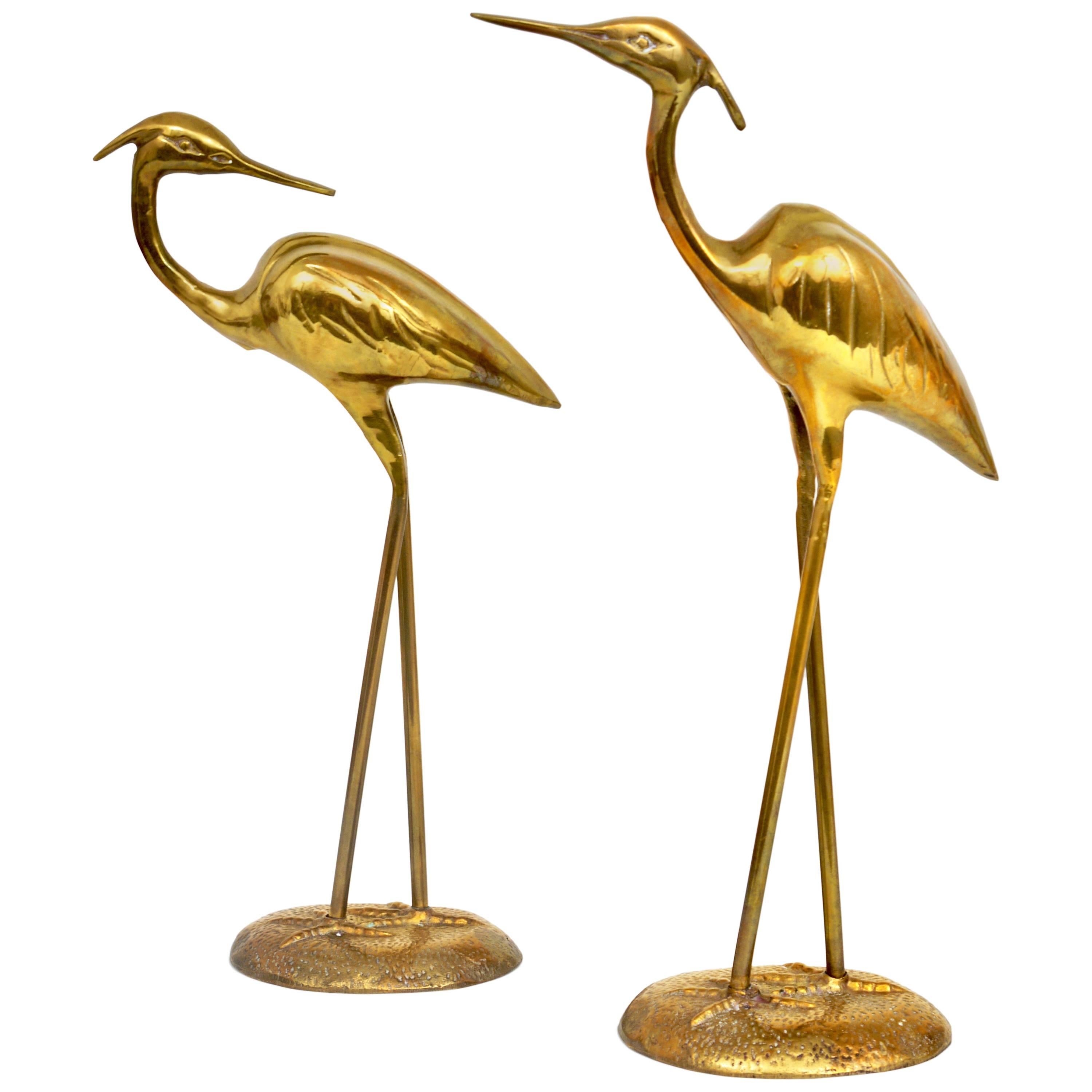 Pair of Hollywood Regency Brass Crane Sculpures, France, 1970s