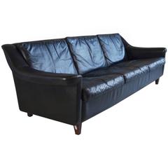 Danish 1970S Mid-Century Three-Seater Black Leather Sofa with Teak Legs