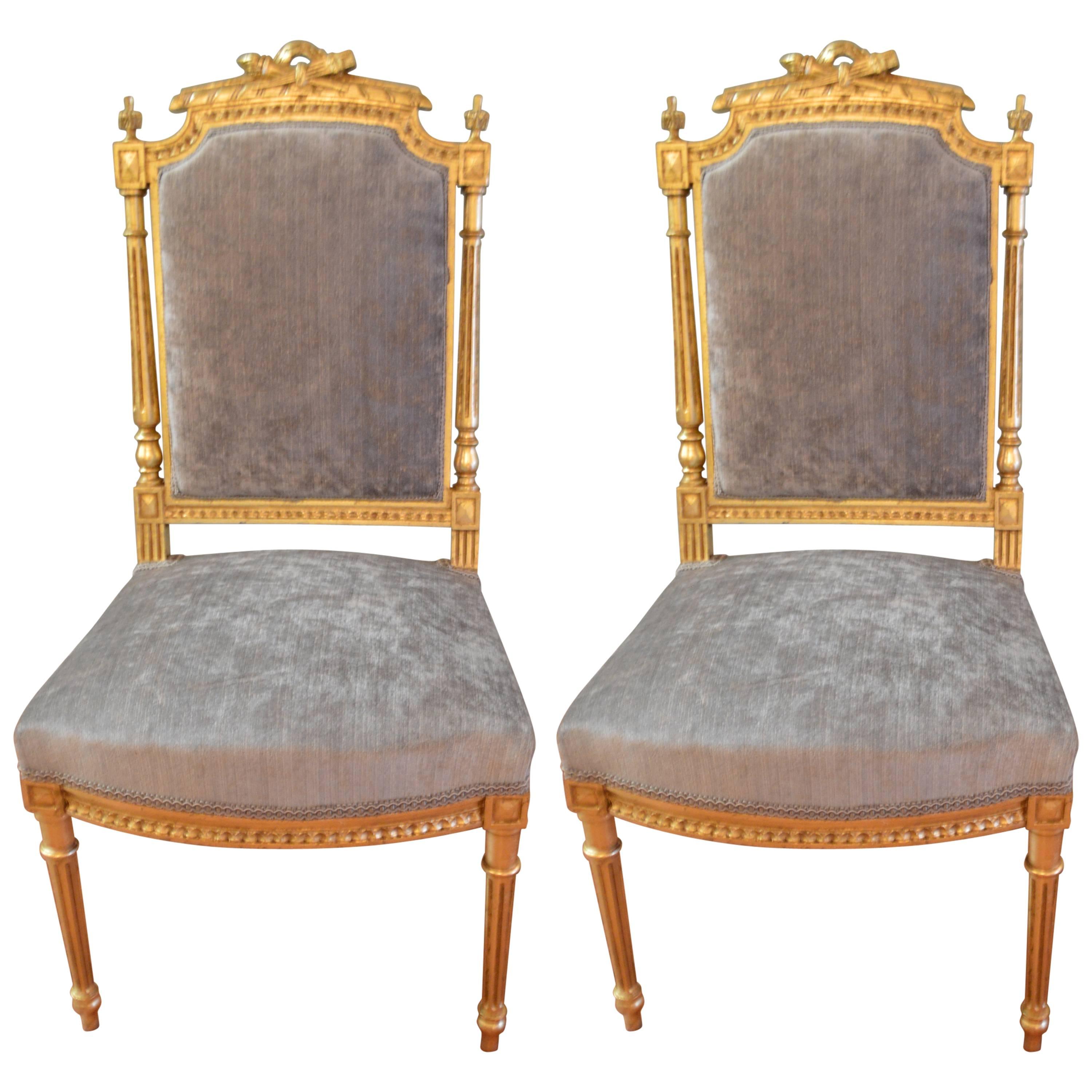 Pair of Louis XVI Style Gilded Side Chairs