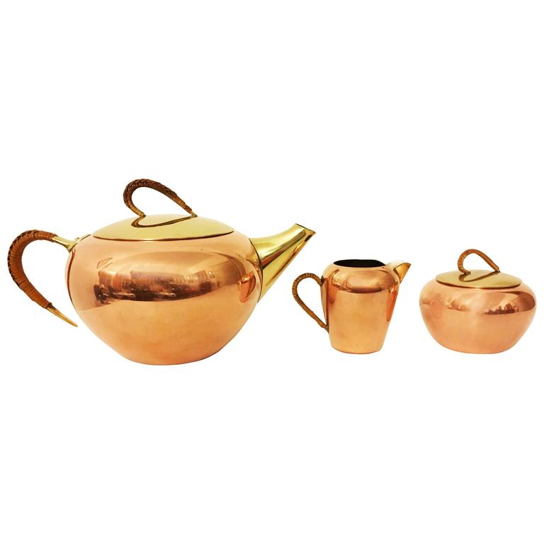 Brass and Copper ThreePiece Tea Set from the 1950s For Sale at 1stDibs