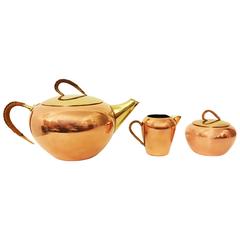 Brass and Copper Three-Piece Tea Set from the 1950s