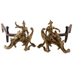 Charming Male, Female Pair of Louis XV Style Gilt Bronze Chenets, Andirons