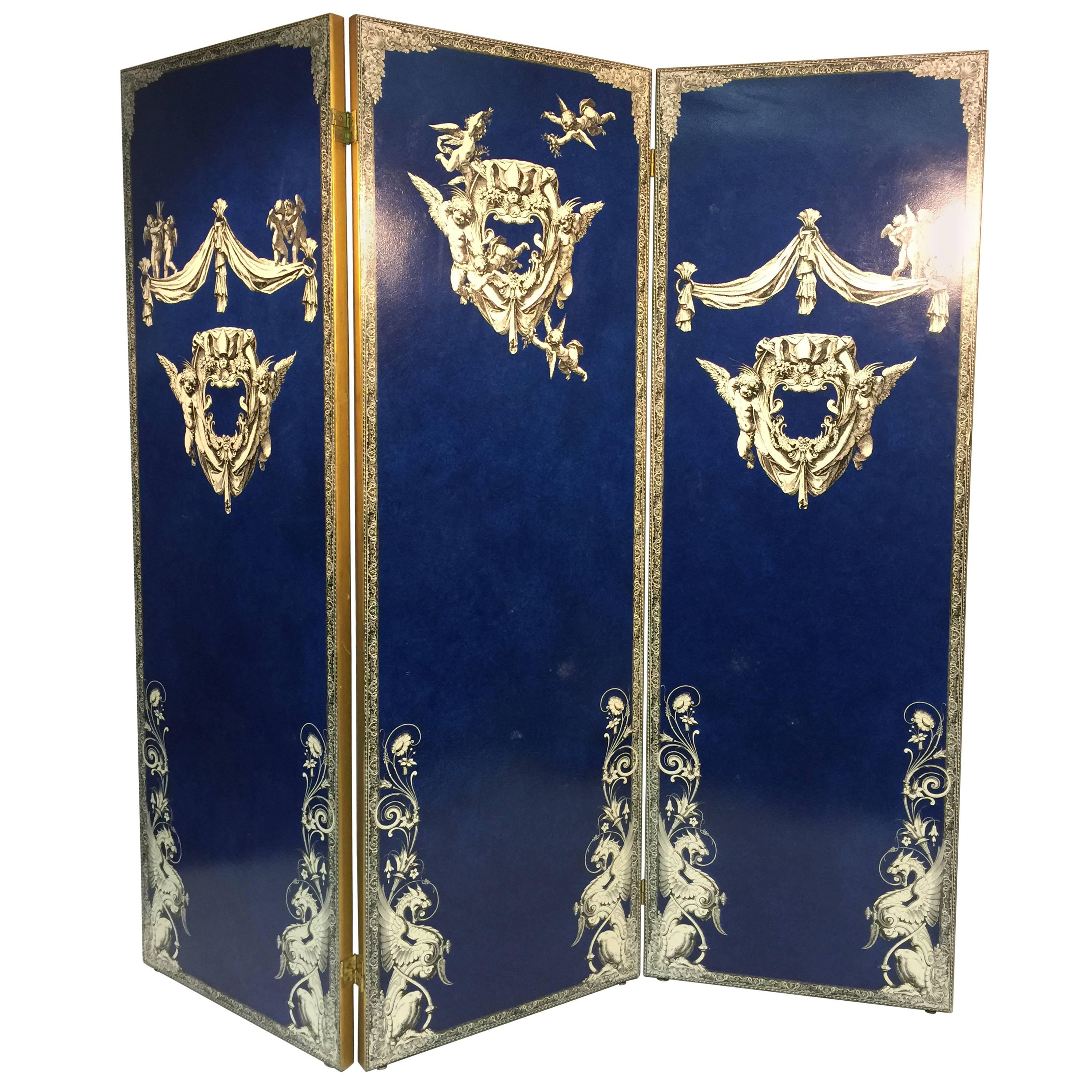 Exquisite Cobalt Blue Three-Panel Decoupage Screen in the Manner of Fornasetti For Sale