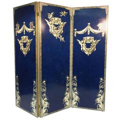 Exquisite Cobalt Blue Three-Panel Decoupage Screen in the Manner of Fornasetti