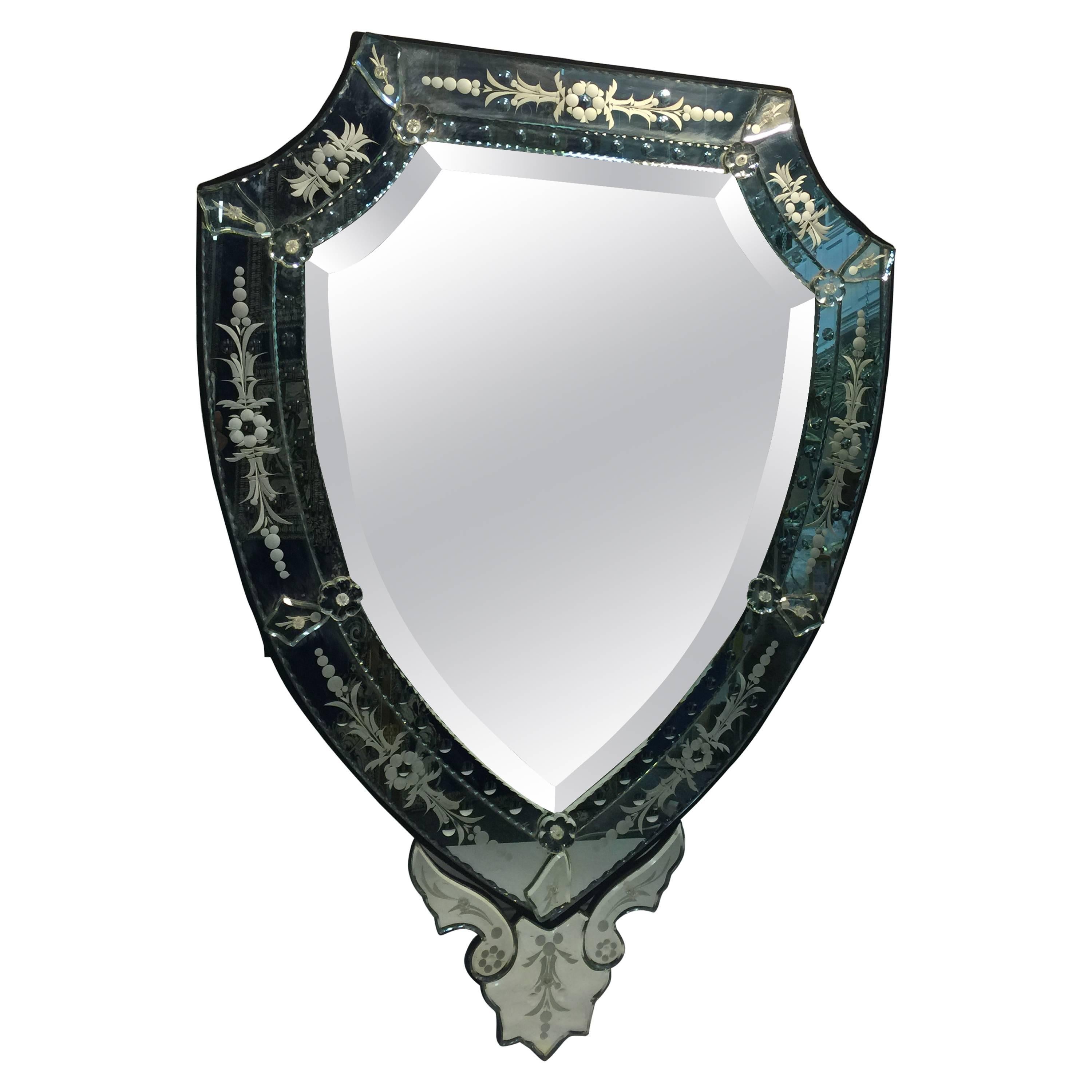 Striking Venetian Shield Design Etched Wall Mirror For Sale