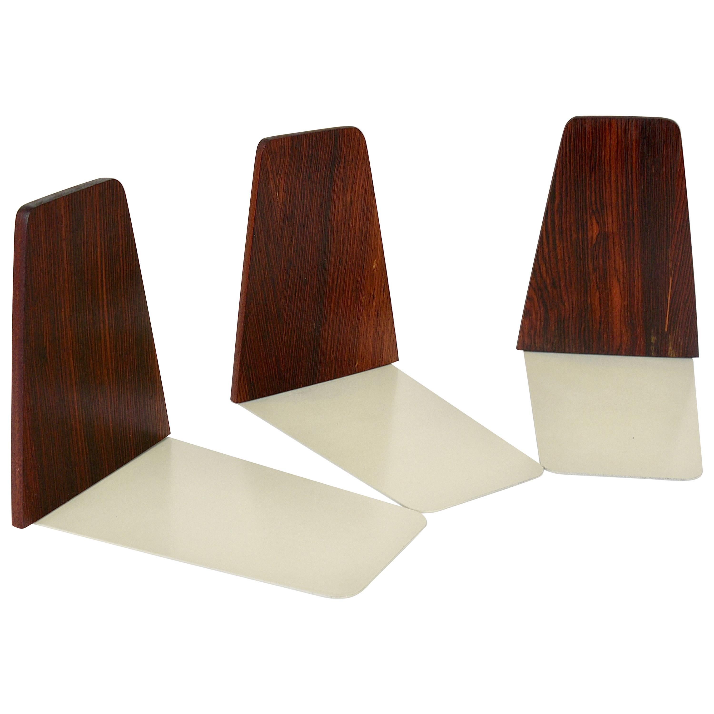Three Danish Modern Rosewood and Metal Book Ends, Denmark, 1960s