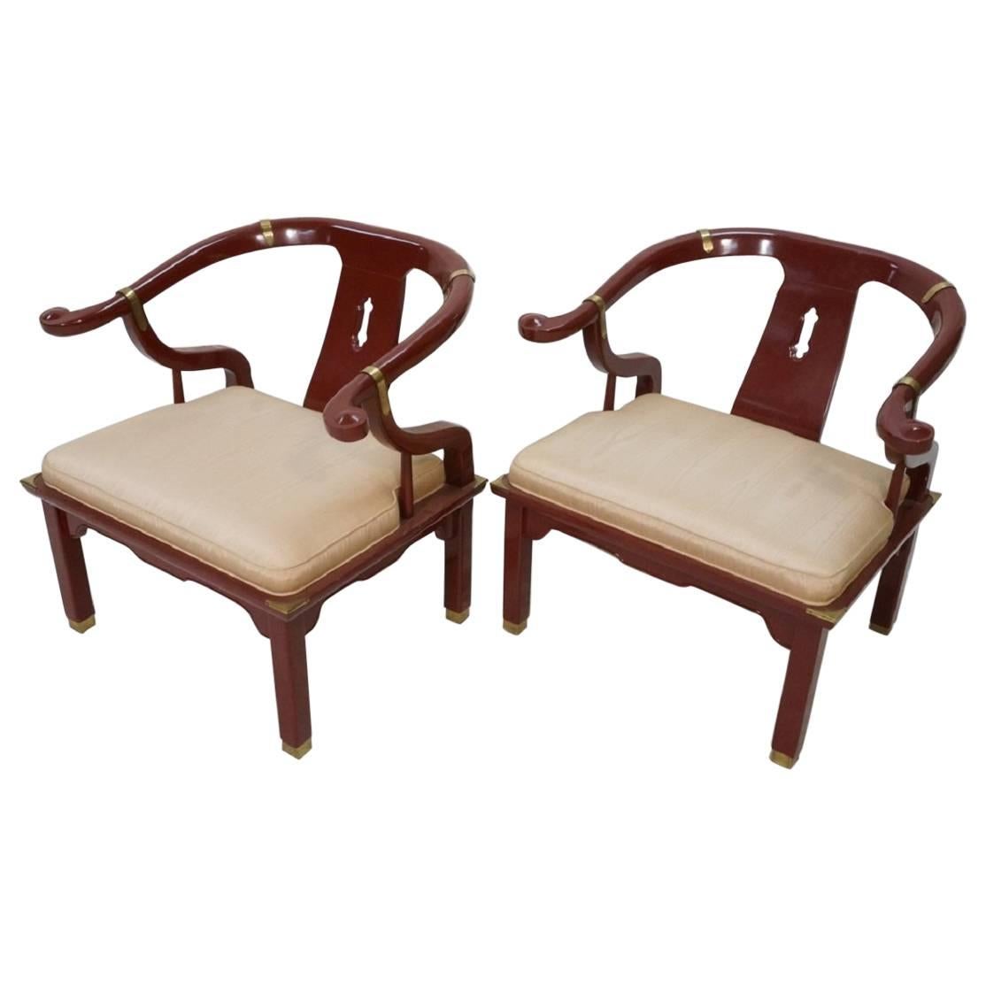 Pair of Red Horseshoe Back Lounge Chairs, Century Chair Comp in James Mont Style For Sale