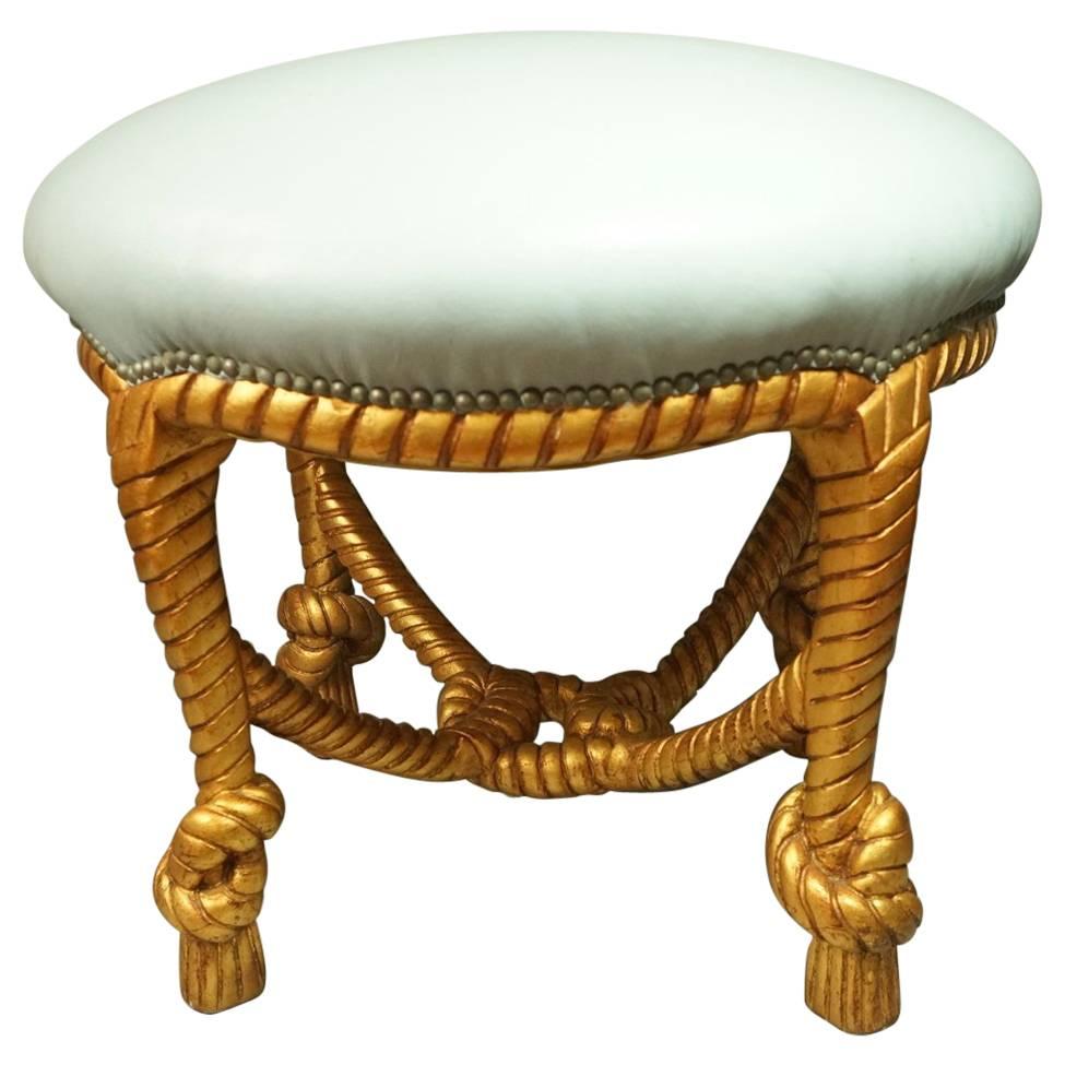  Fournier Style Carved Gilt Wood Twisted Rope and Tassel Round Stool or Ottoman
