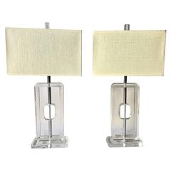 Pair of Chunky Lucite Table Lamps, with Shades and Lucite Finial