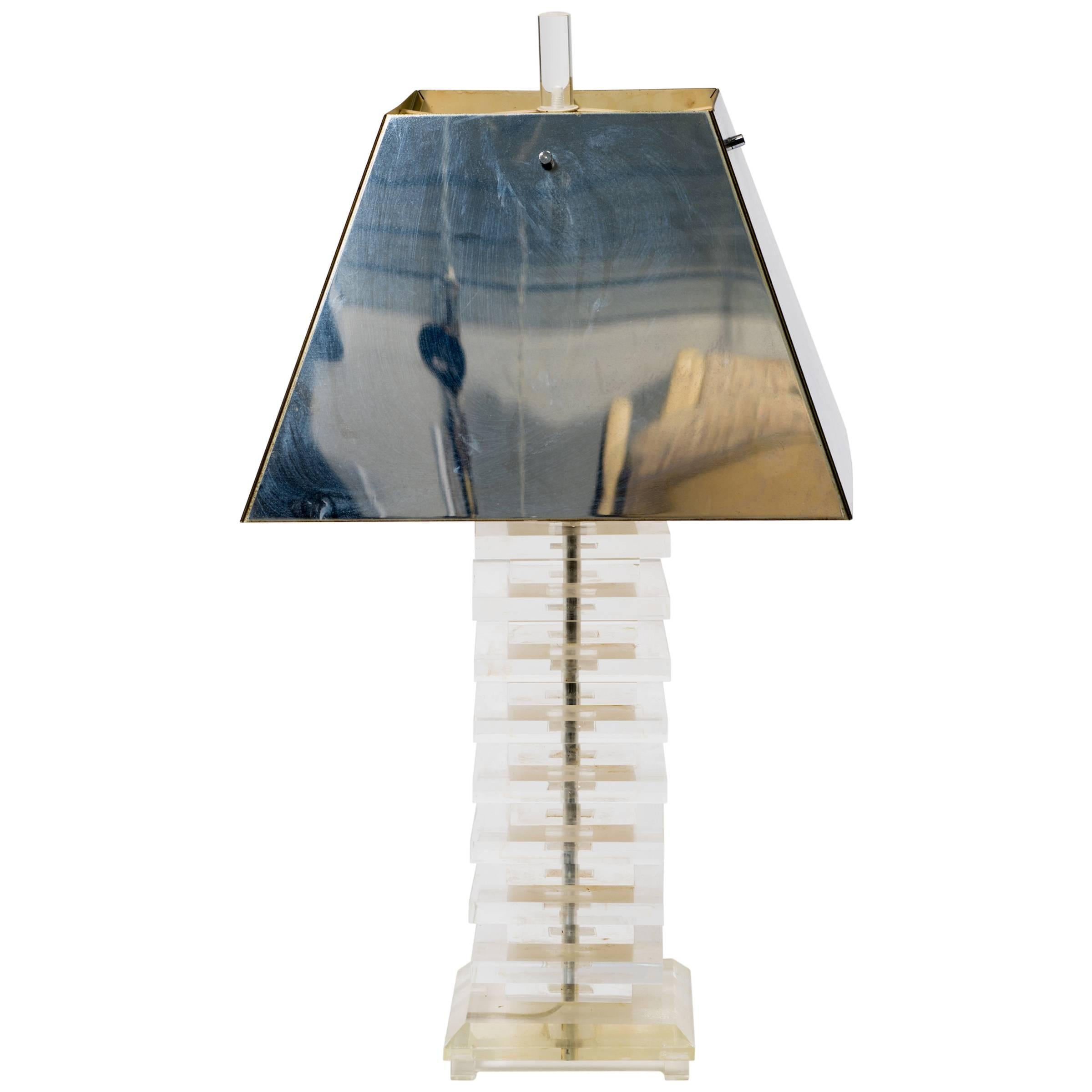 1970s Stacked Lucite Table Lamp with Chrome Shade