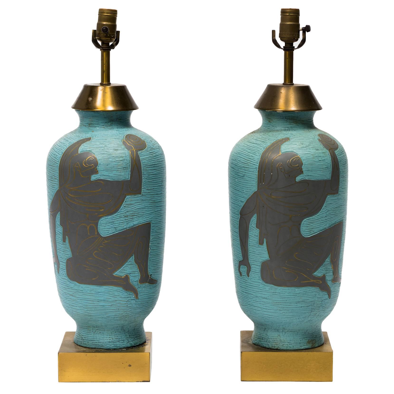 Pair of Gustavsberg Style Greek Figural Lamps For Sale