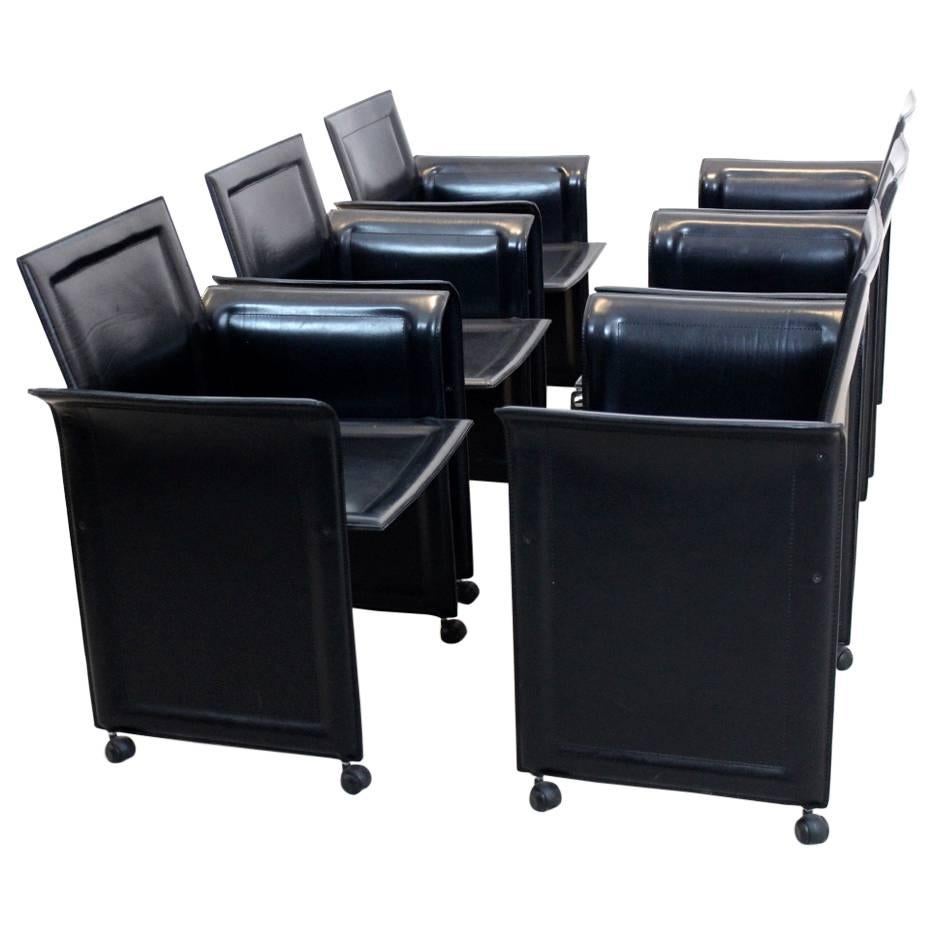 Set of Four Black Matteo Grassi Leather Diner Chairs, Italy, 1970s