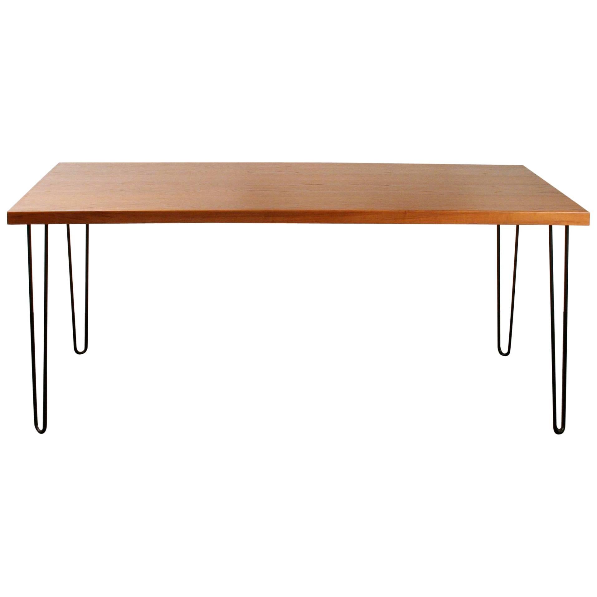 Teak Black Hairpin Legs Dining Table For Sale