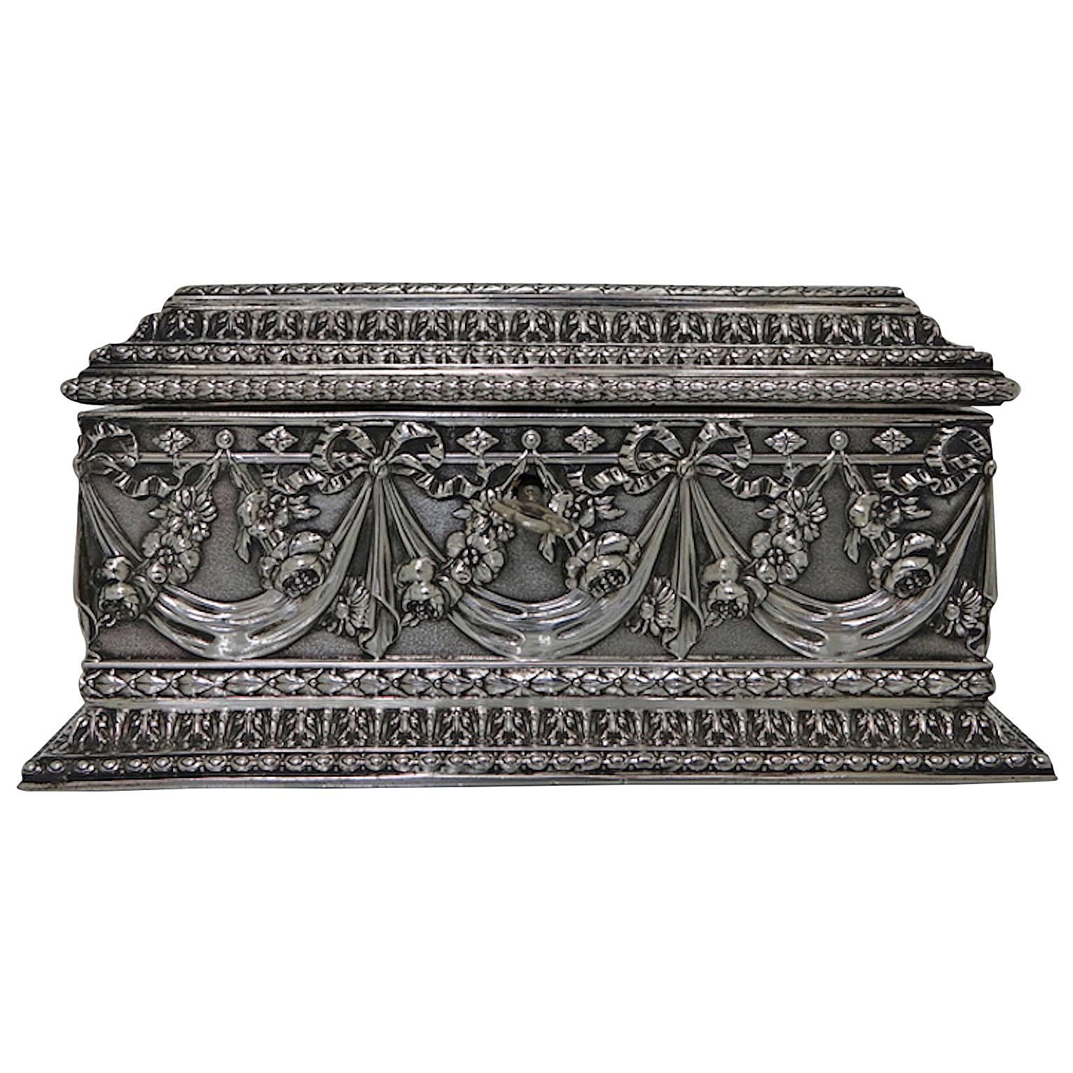 Antique Silver French Jewellery Casket, circa 1880 For Sale