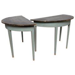 Pair of Blue Painted Demilune Tables