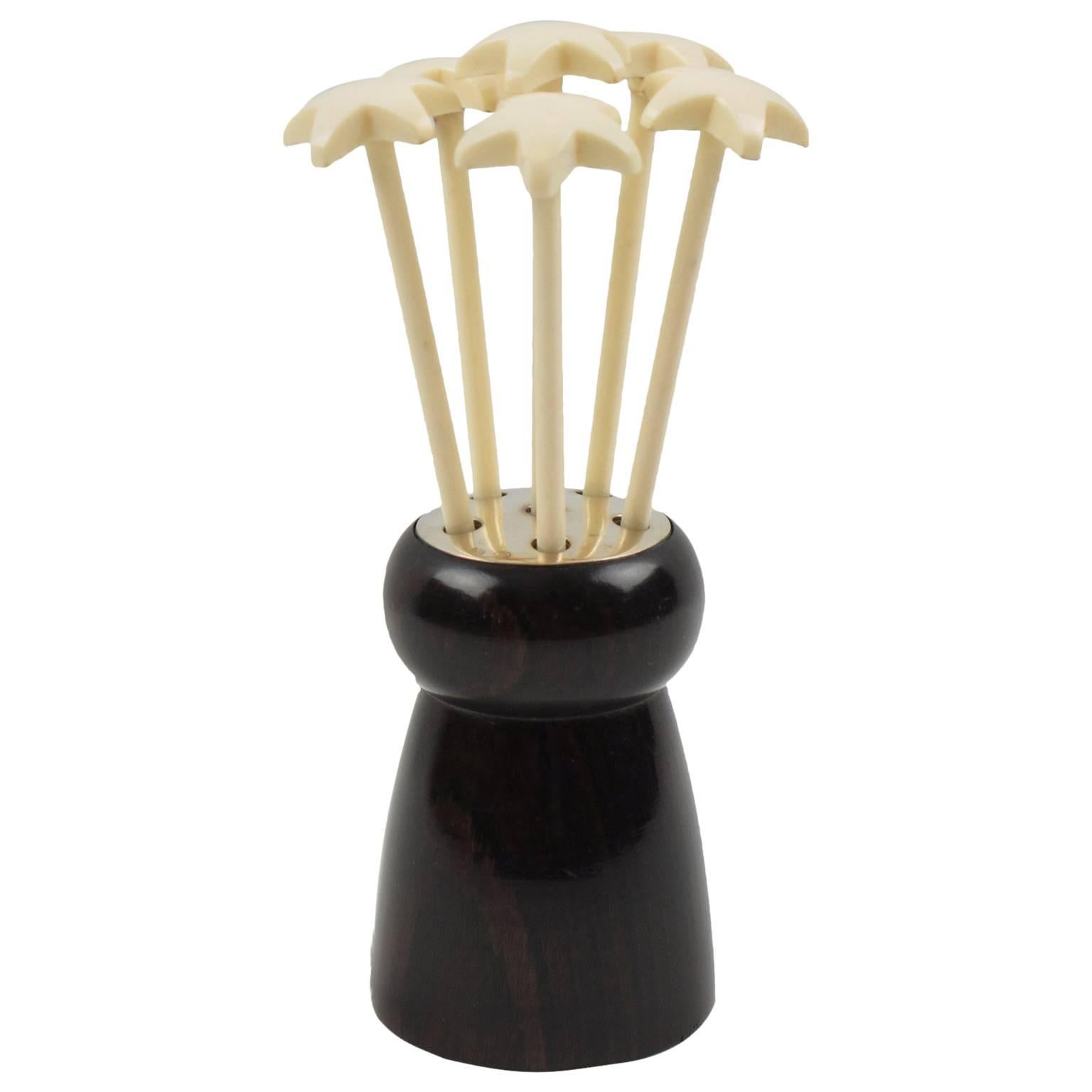 Art Deco Macassar and Sterling Champagne Cork Cocktail Swizzle Sticks Stirrer