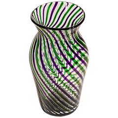 Delicate Green and Purple Ribbon Swirl Glass Vase, Signed