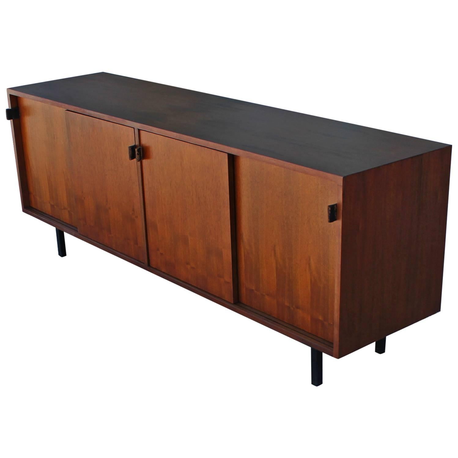 Early Walnut Modern Knoll Sliding Door Sideboard with Vintage Leather Pulls
