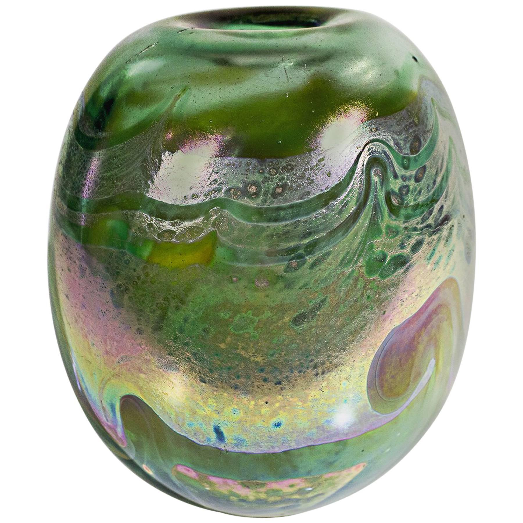 Iridescent Pulled Feather Green and Gold Rainbow Vase, 1977
