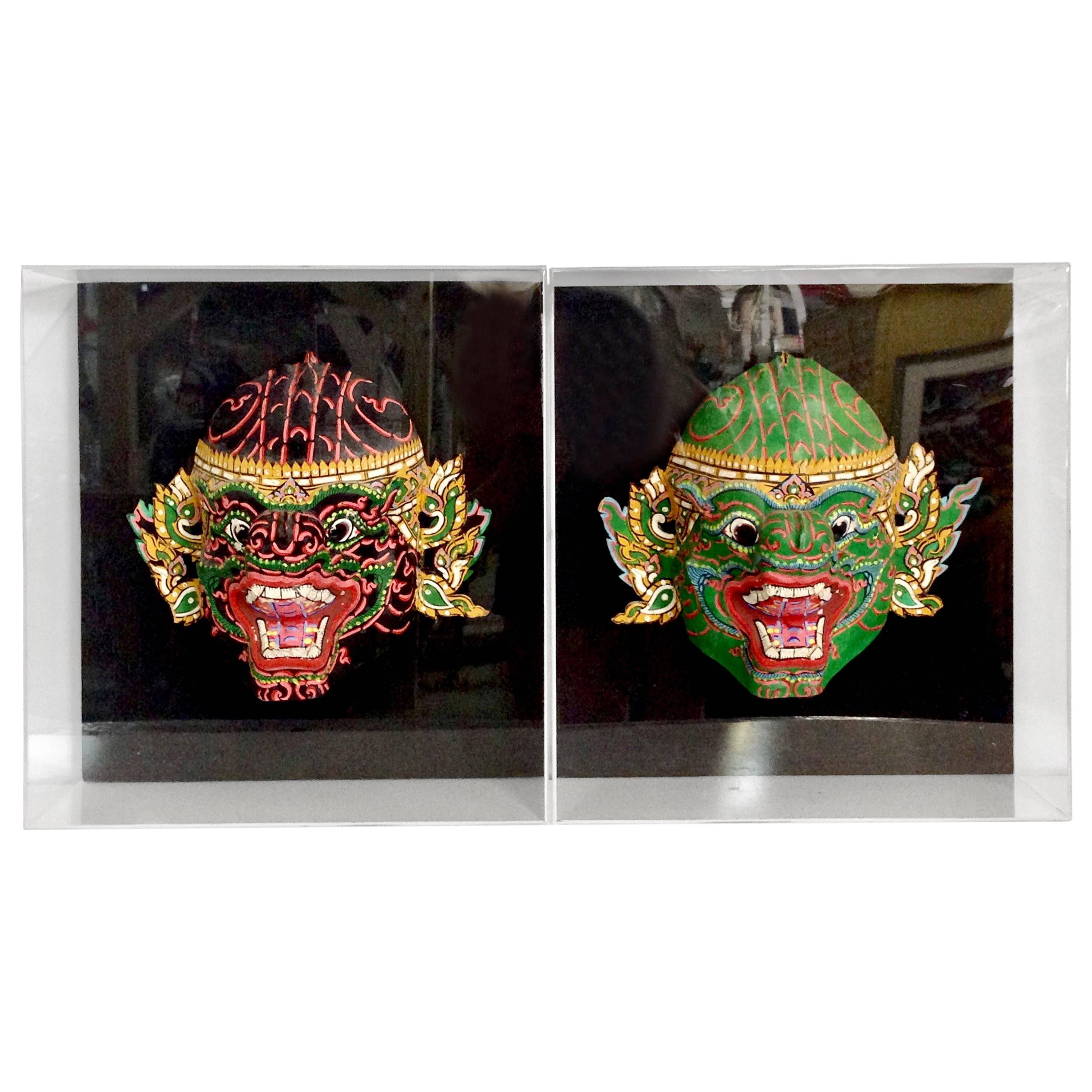 Pair of 20th Century Hand-Painted Masks Mounted in Lucite Shadow Box For Sale