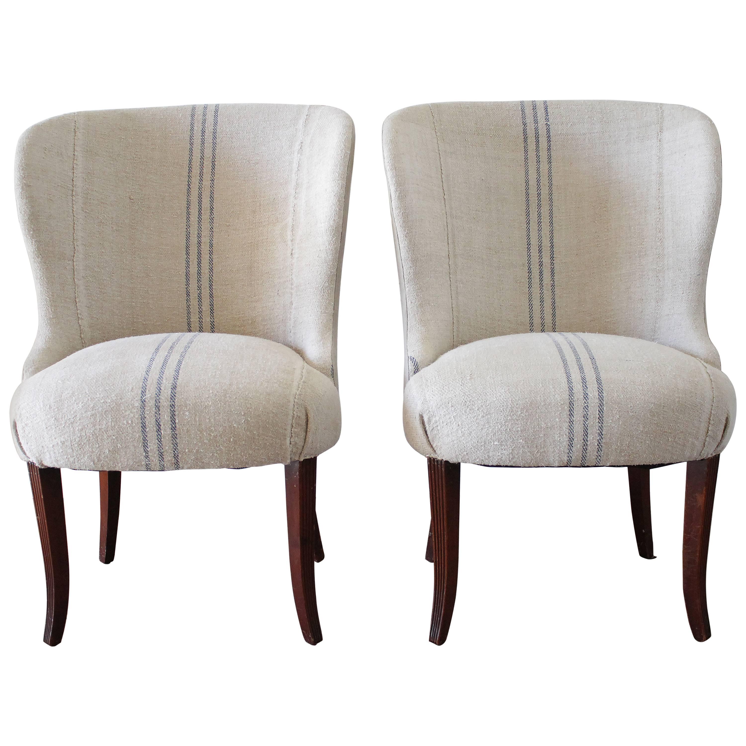 Pair of Ralph Lauren Wing Chairs in Antique French Linen Grain Sack
