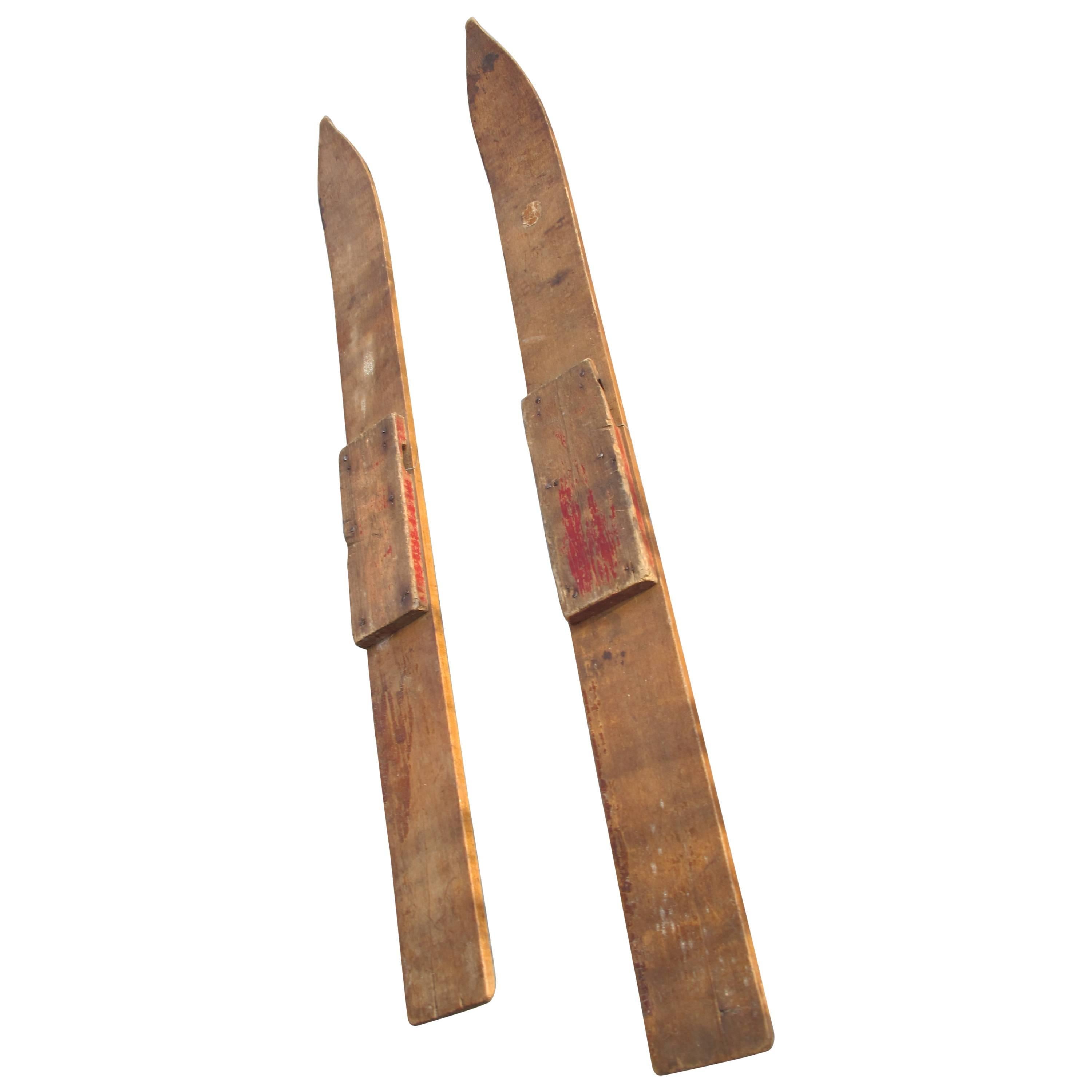 Pair of Early Child's Wooden Skis For Sale