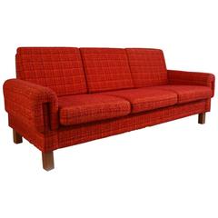 Danish 1970s Mid-Century three-Seat Red or Orange Check Sofa with Teak Legs