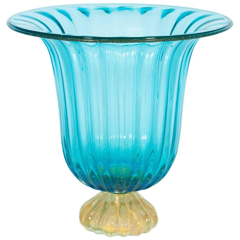 Italian Vase in Murano Glass Light Blue and Gold 1980s