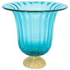 Italian Vase in Murano Glass Light Blue and Gold 1980s