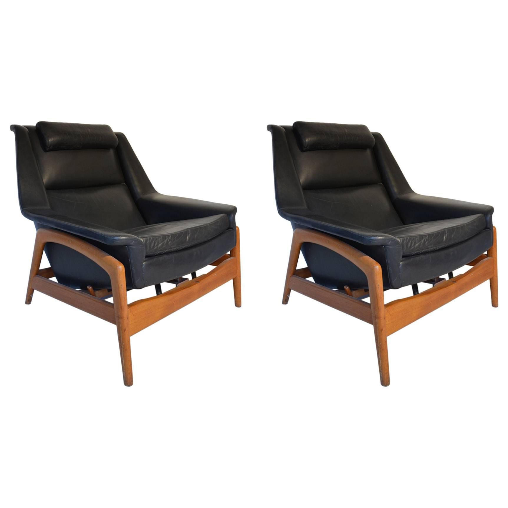 Fantastic Pair of Danish Wood and Leather Armchairs and One Ottoman, circa 1960