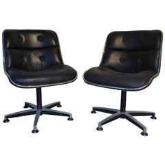 Charles Pollock Black Leather and Chrome Pair of Armchairs, circa 1970