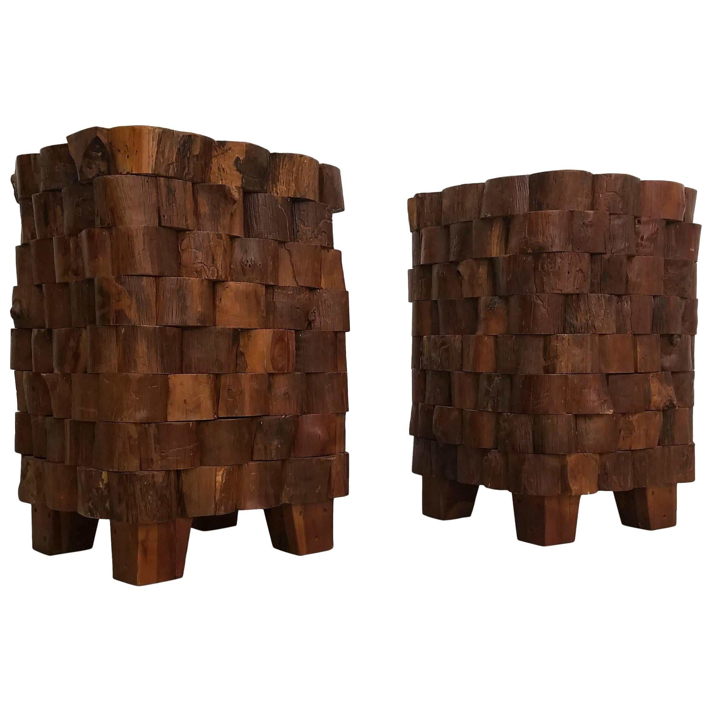 Pair of Stacked Wood End Cut Live Edge Brutalist Style Primitive Side Tables