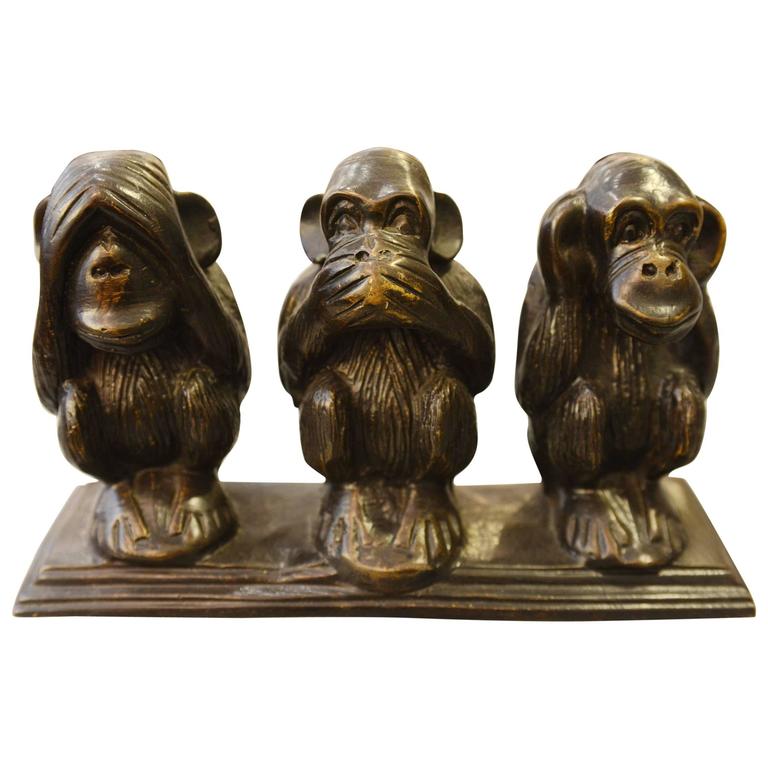 Monkeys on Base Sculpture in Vintage Brass Finish For Sale at 1stDibs