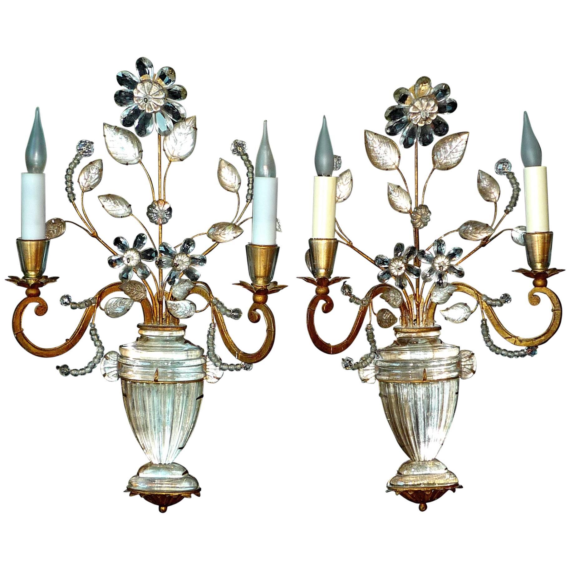 Pair of French Gilt Iron and Crystal Sconces, Maison Baguès, circa 1925