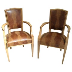 Vintage Pair of 1940 This Side Chairs Birch with Real Leather in Crocodile Print