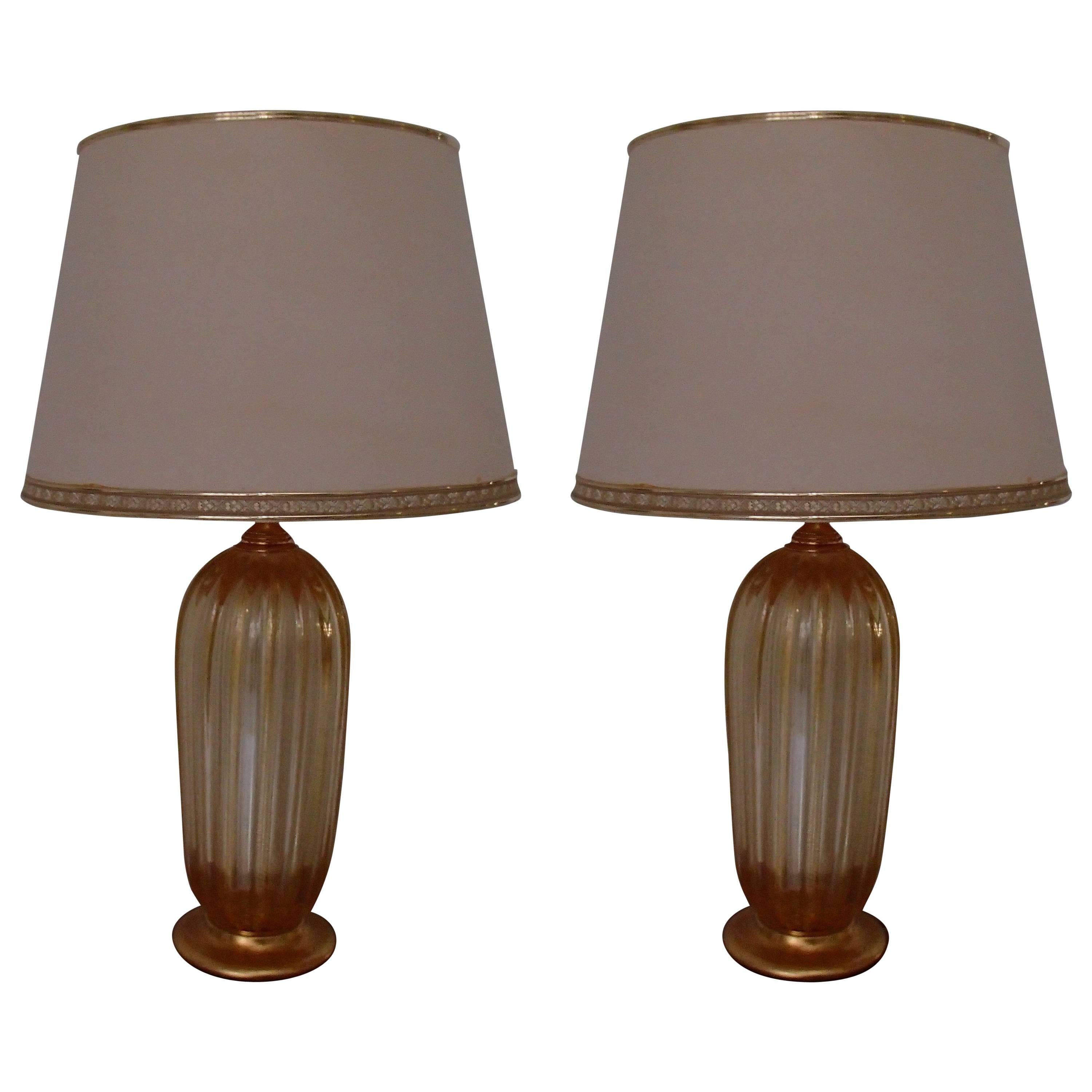 Pair of Tall Barovier e Toso Murano Table Lamps with Gold Inlays