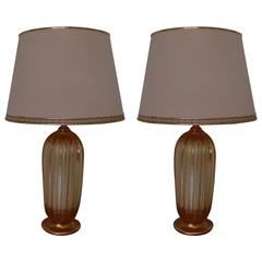 Pair of Tall Barovier e Toso Murano Table Lamps with Gold Inlays 3