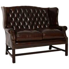 Antique Deep Buttoned Leather Wing Back Sofa