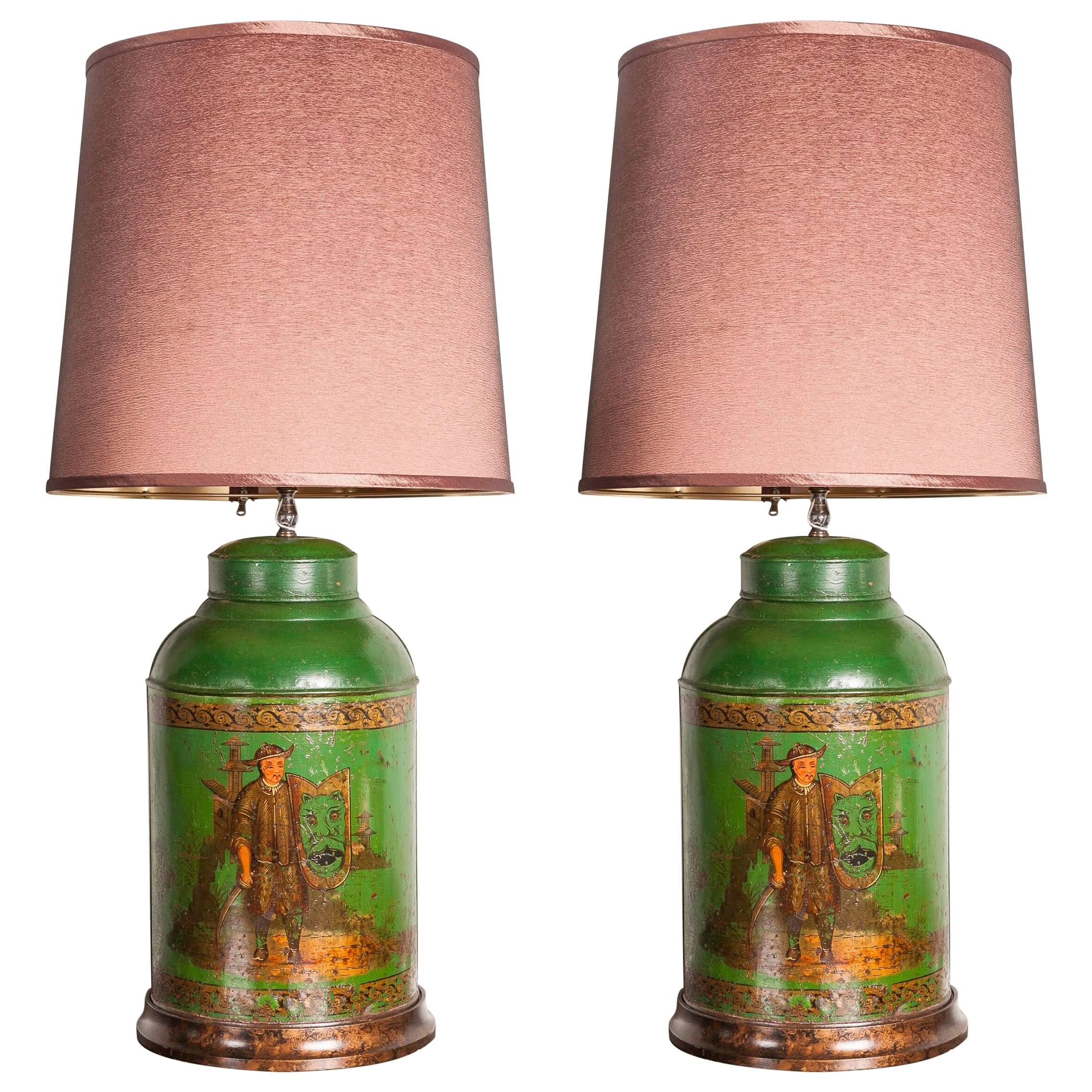 Rare Pair of 19th Century English Painted Tea Caddy Lamps For Sale