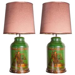 Rare Pair of 19th Century English Painted Tea Caddy Lamps