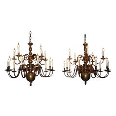 20th Century Pair of Large Brass Chandeliers