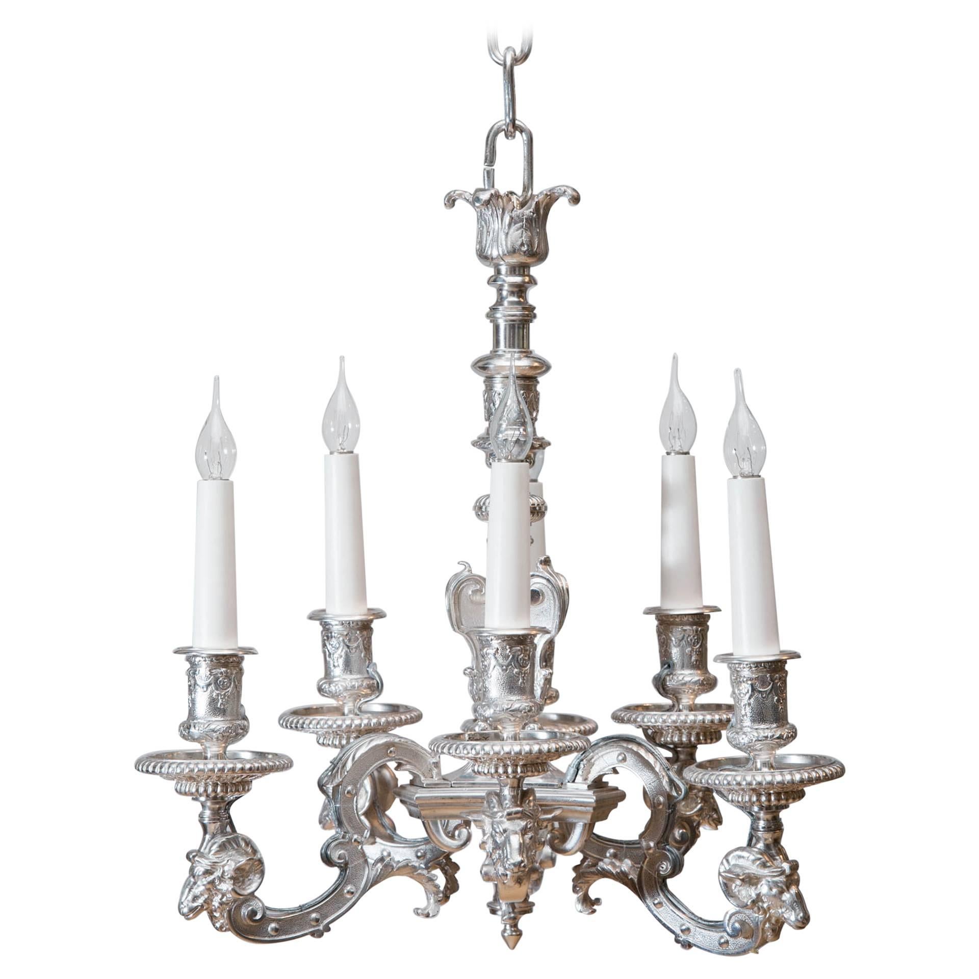Small 19th Century Silvered Bronze Chandelier with Six Candles For Sale
