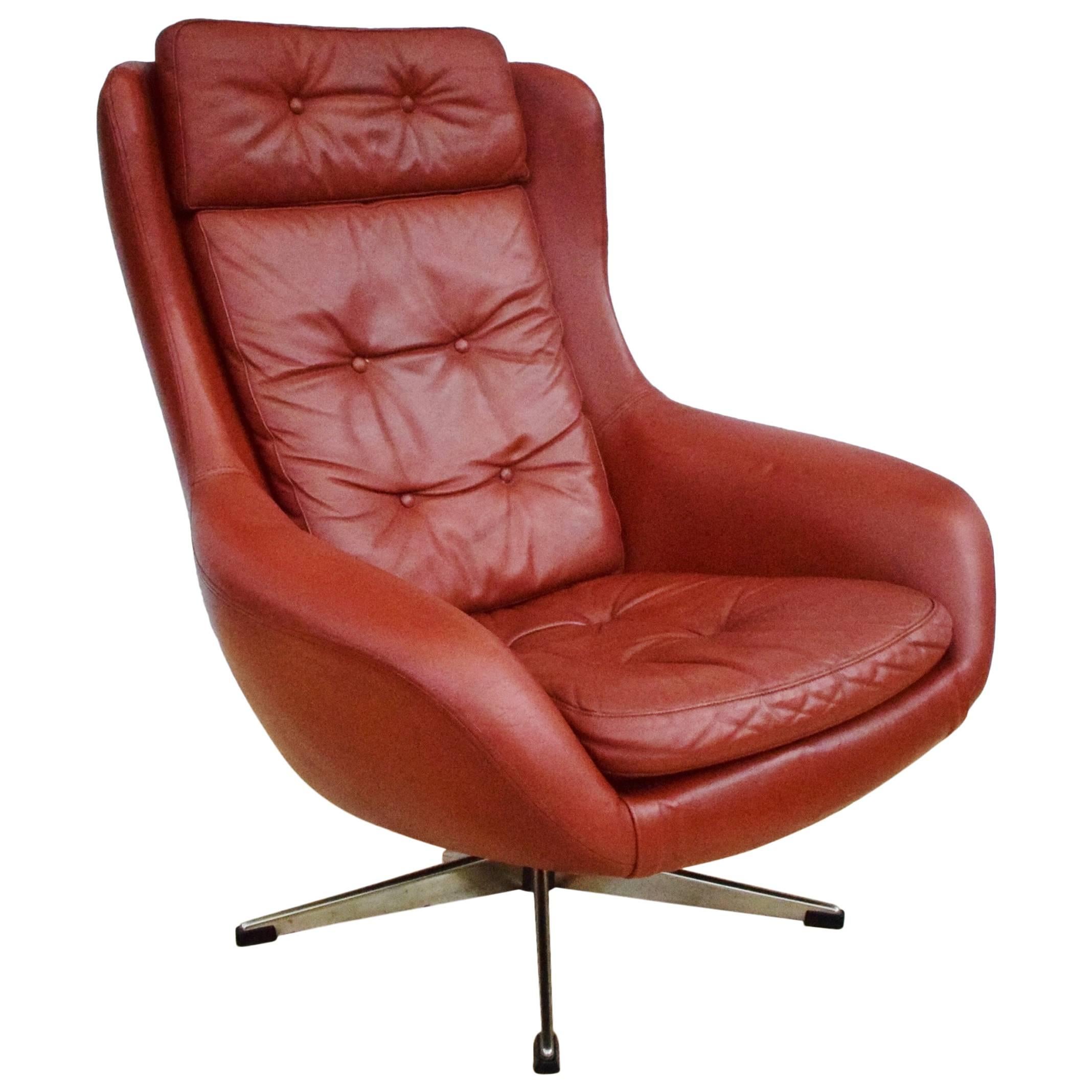 Mid-Century Retro Danish Red Leather Swivel Lounge Armchair, 1960s-1970s