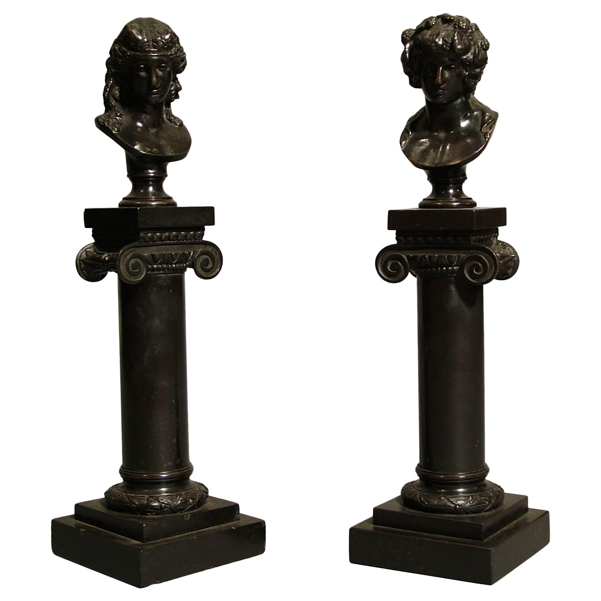 Pair of Antique Decorative Bronze Roman Busts on Columns