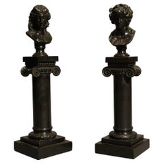 Pair of Antique Decorative Bronze Roman Busts on Columns