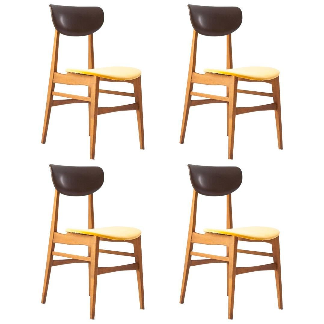 4 Italian Mid-Century Modern Light Wood Yellow Velvet Dining Chairs 1950s