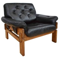 Mid-Century Retro Brazilian Black Leather and Oak Lounge Armchair, 1960s-1970s