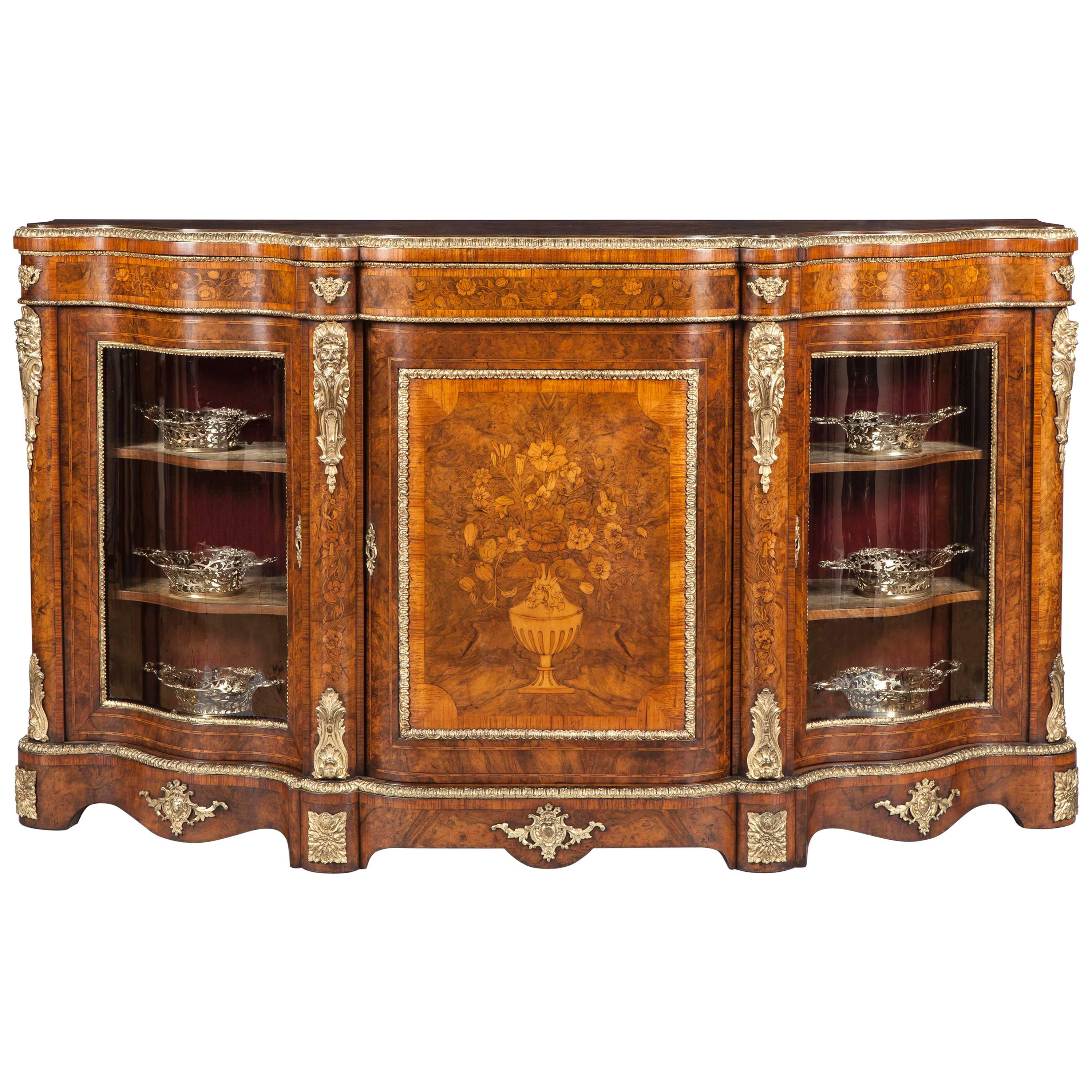 19th Century English Walnut Inlaid Floral Marquetry and Bronze Mounted Credenza