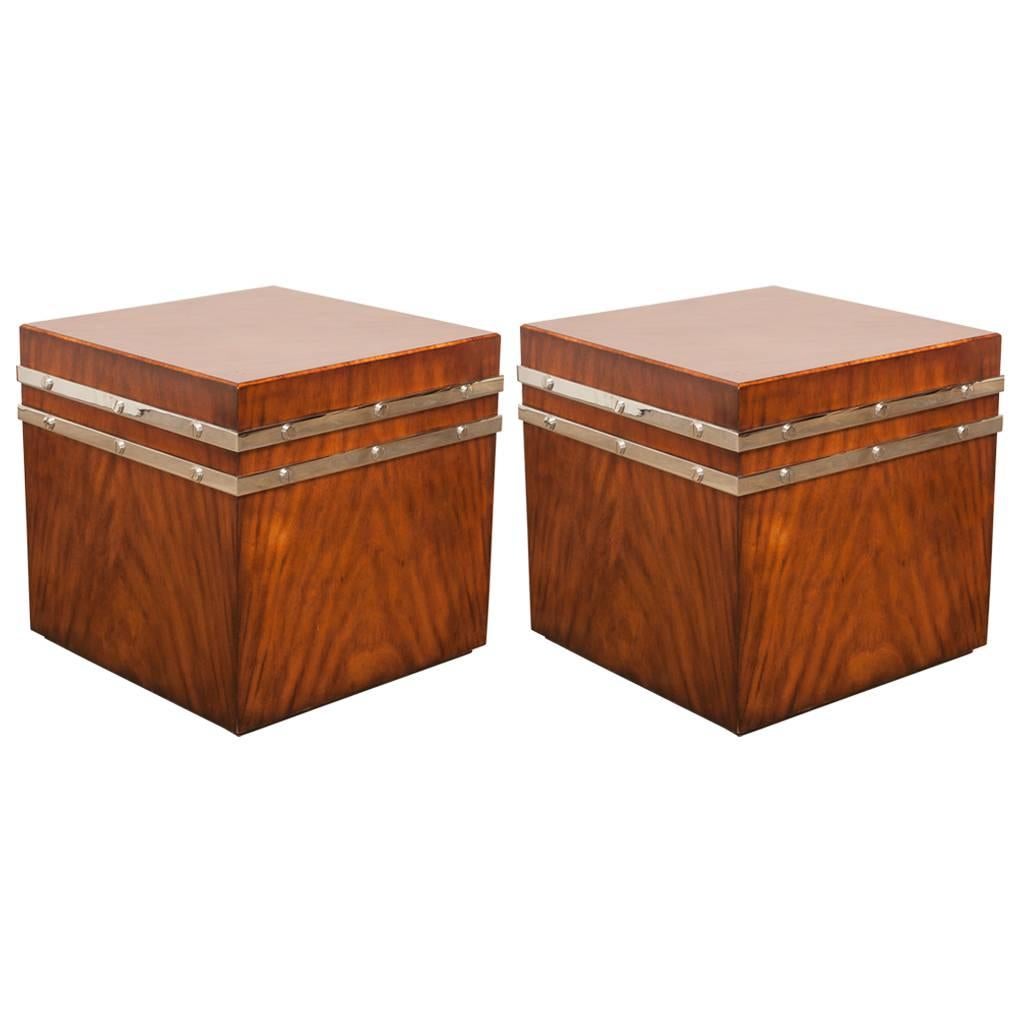 Pair of Mahogany Cube Tables with Chrome Strapping