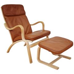 Mid-Century Retro Danish Bentwood Tan Leather Armchair and Footstool by Stouby